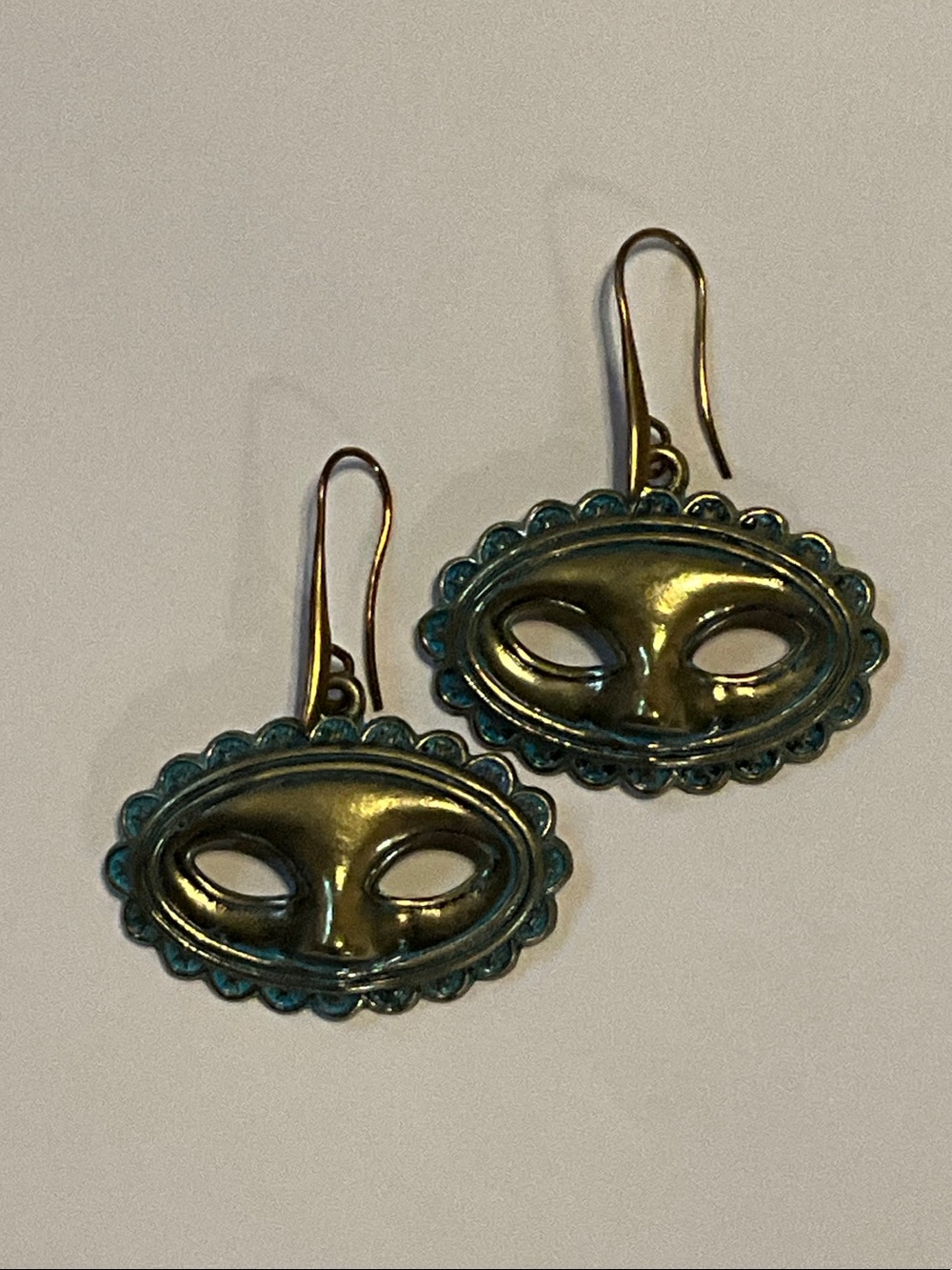 Teal Patina Masquerade Mask Drop Earrings